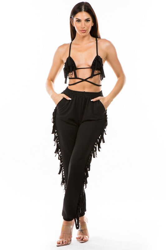 FRINGE BIKINI SET BLACK/GREY