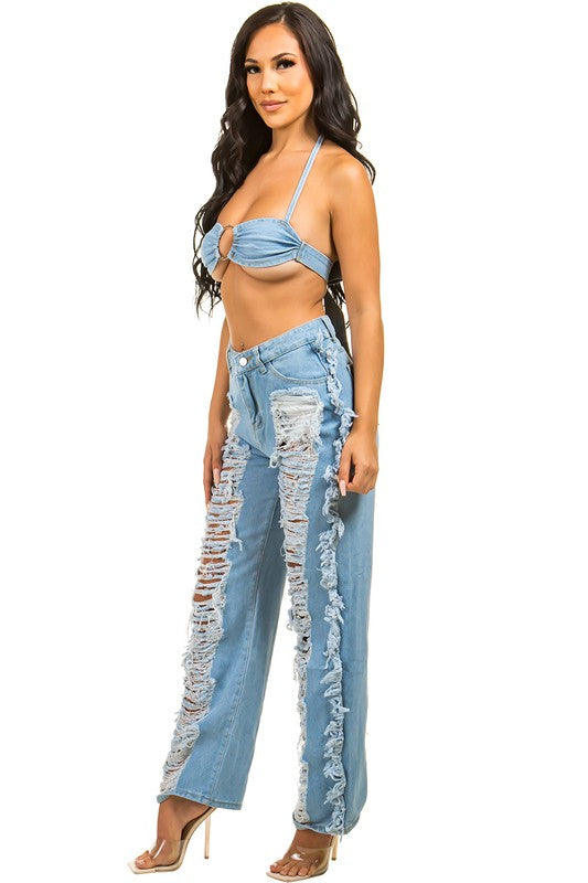 DENIM TWO PIECE PANT SET