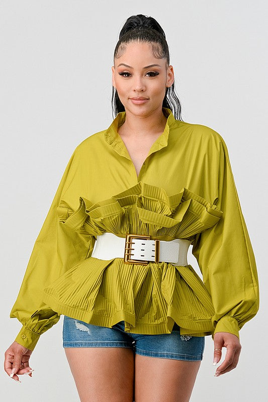 PLEATED RUFFLE WASIT BELT BLOUSE