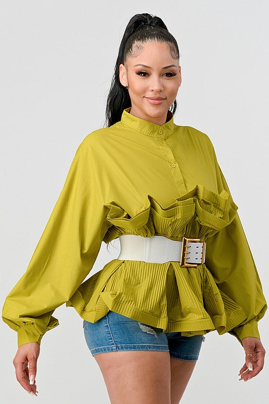 PLEATED RUFFLE WASIT BELT BLOUSE