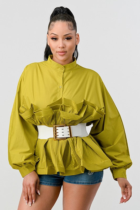 PLEATED RUFFLE WASIT BELT BLOUSE