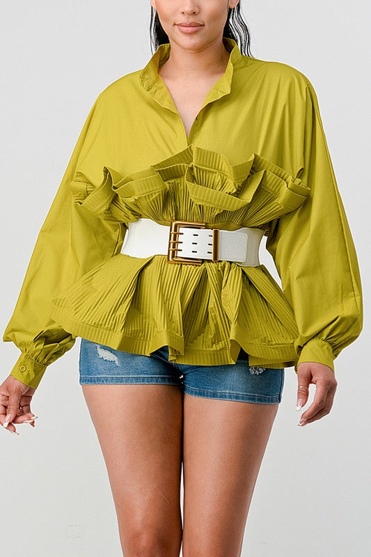 PLEATED RUFFLE WASIT BELT BLOUSE