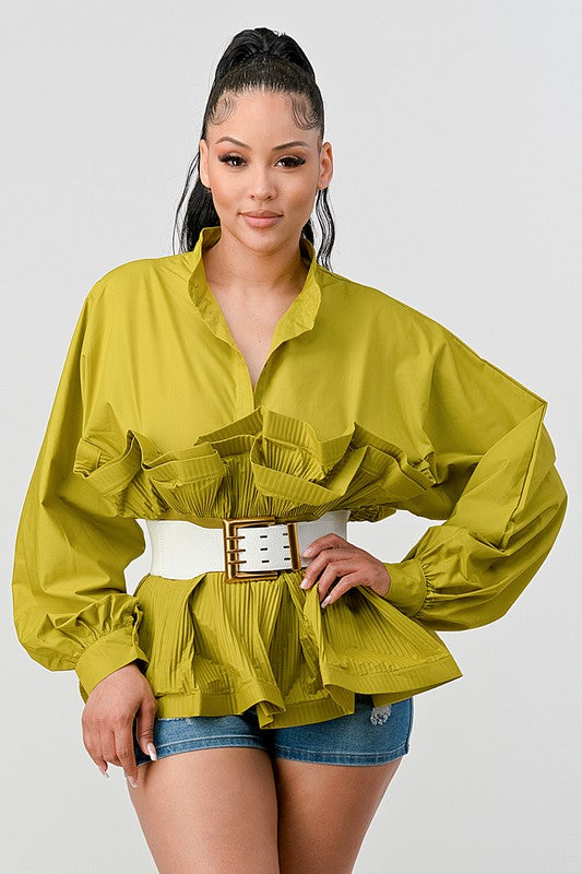 PLEATED RUFFLE WASIT BELT BLOUSE