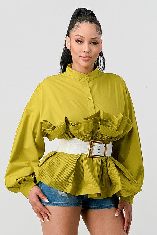 PLEATED RUFFLE WASIT BELT BLOUSE