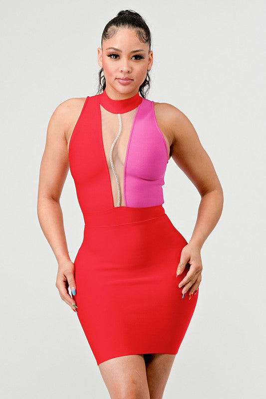 TWO TONE CONTRAST MINI BANDAGE DRESS