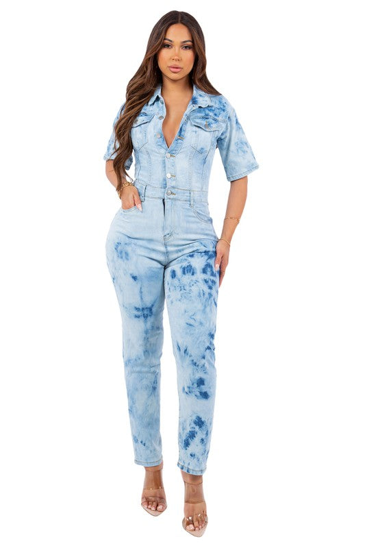 TIE DYE DENIM JUMPSUIT