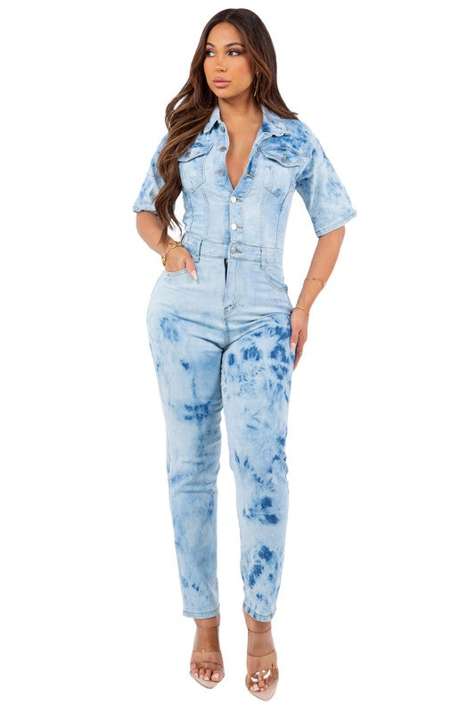 TIE DYE DENIM JUMPSUIT