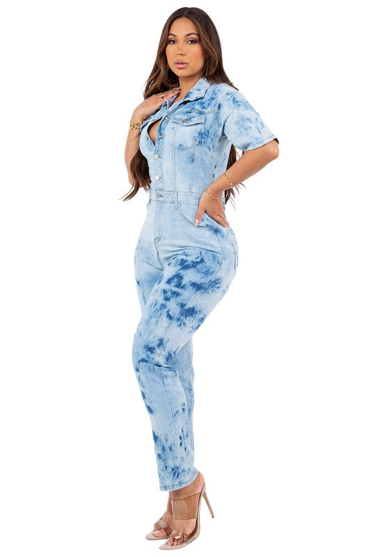 TIE DYE DENIM JUMPSUIT