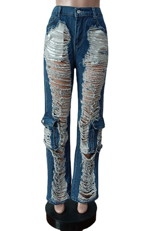 SLASHED CARGO STYLE DENIM JEANS