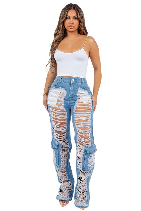 SLASHED CARGO STYLE DENIM JEANS