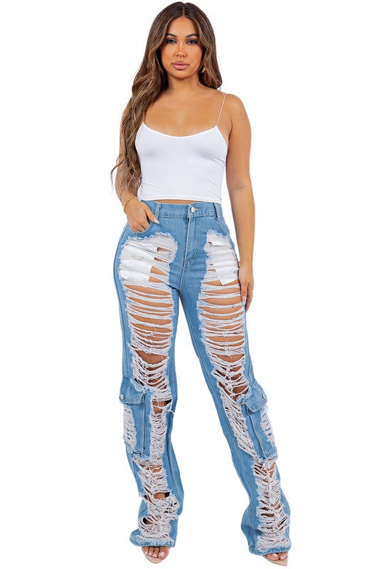 SLASHED CARGO STYLE DENIM JEANS