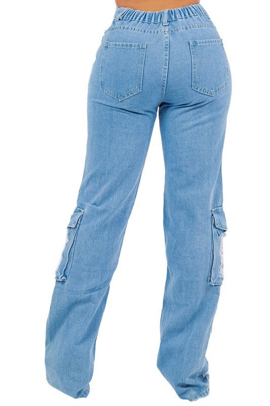 SLASHED CARGO STYLE DENIM JEANS