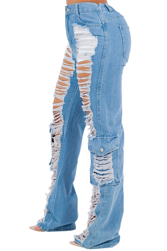 SLASHED CARGO STYLE DENIM JEANS