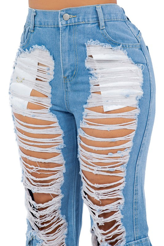 SLASHED CARGO STYLE DENIM JEANS