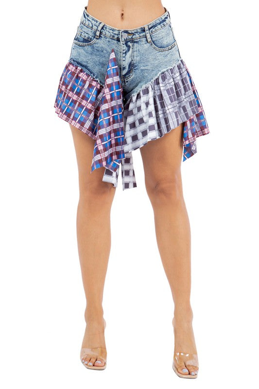 PLAID DENIM SHORT