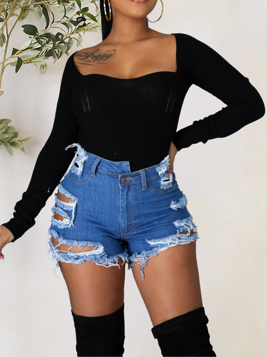 Distressed Raw Hem Denim Shorts