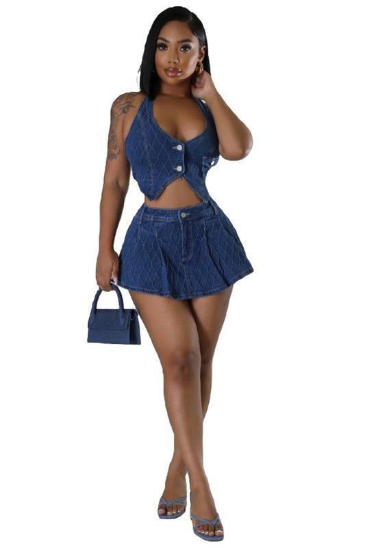 FASHION DENIM TWO PIECE SKORT SET