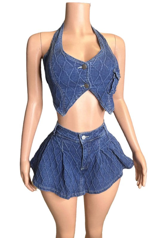 FASHION DENIM TWO PIECE SKORT SET