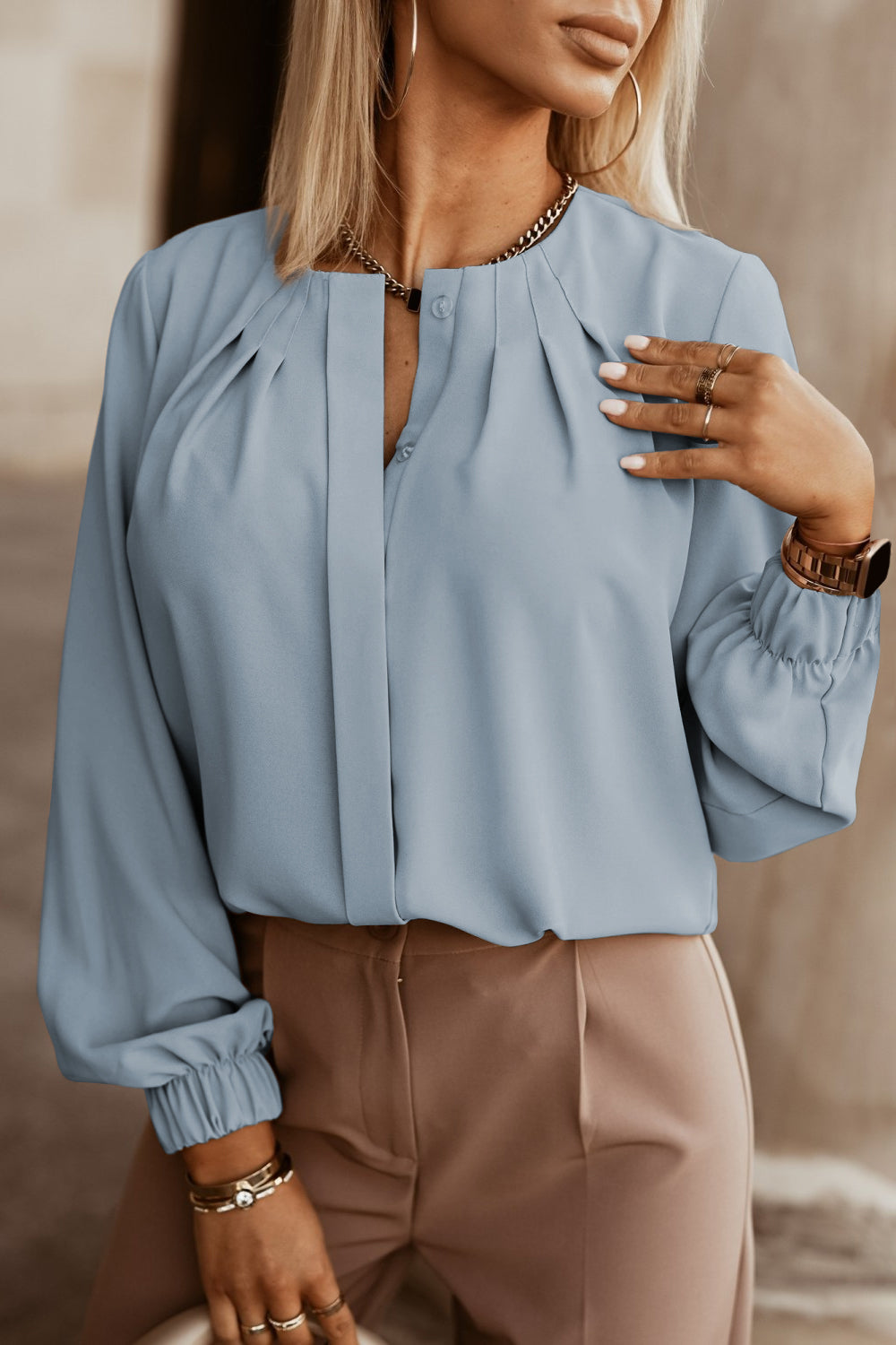 Button Up Round Neck Long Sleeve Shirt