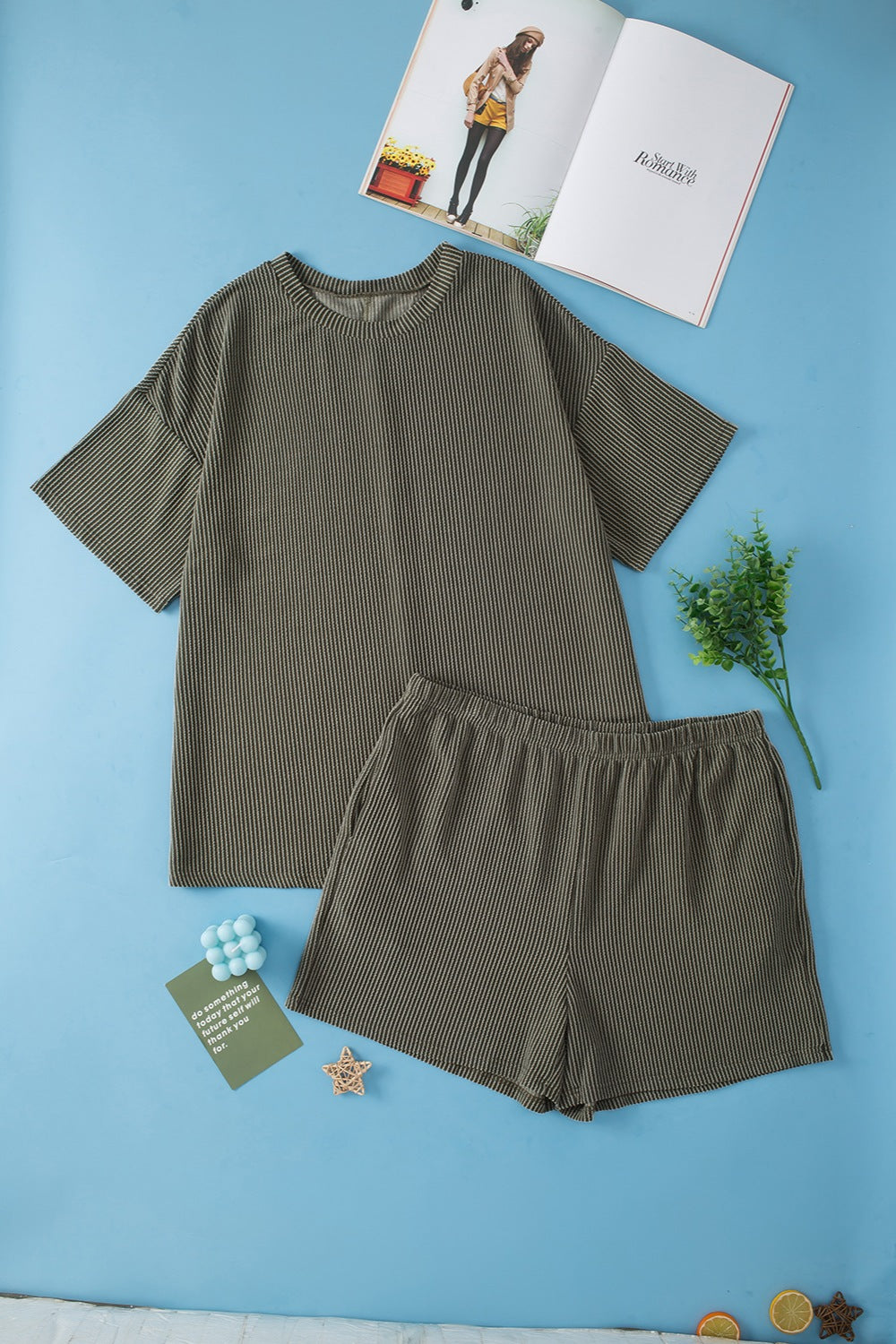 Round Neck Top and Pocketed Shorts Set