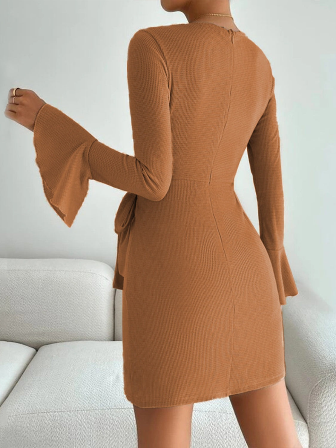 Waffle Knit Flounce Sleeve Tie Waist Mini Dress