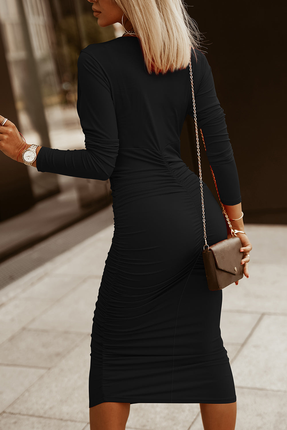 Ruched K Long Sleeve Midi Dress