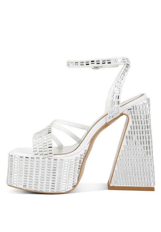 Mirror Embellished Flare Heel Sandals